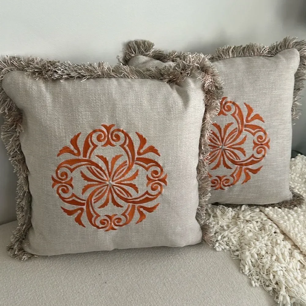 Custom-made Fringed Embroidered Decorative Accent Pillow’s (2) 22”x22”